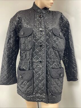 Escada Black Quilted Sequin Button-Front Coat, Size 38 (M)